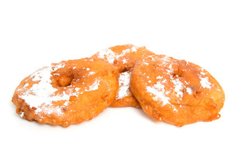 three home bakes apple fritter over white background