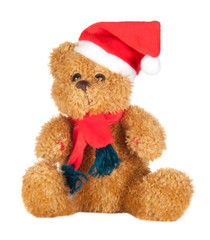 Beautiful teddy bear with scarf and Christmas hat