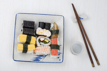 Varieties of sushi set on a plate
