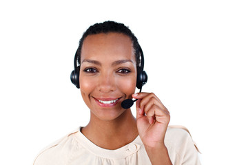 Smiling customer service representative with headset on