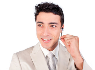Charming customer service representative using headset