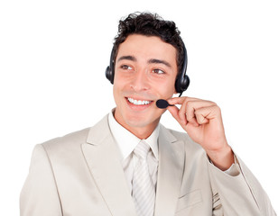 Ethnic young businessman with headset on