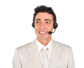 Positive customer service representative using headset