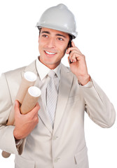 Positive male architect talking on phone