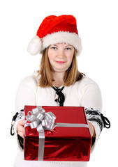 Santa girl giving a gift