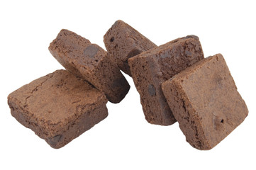 five brownie pieces isolated on white background