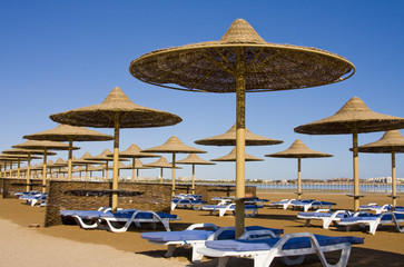 Beach on a sunny day. Hurghada city in Egypt.