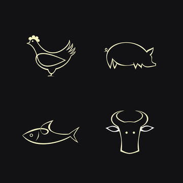 Cow, fish, chicken and pig - vector icons.