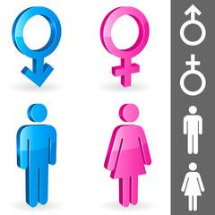 Three-dimensional shapes of male and female gender symbols.