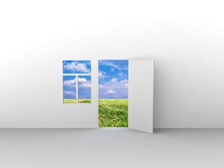 Exit to natural landscape with door and window.