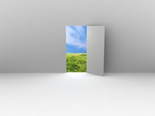 Exit with door to natural landscape. Concept - eco house.
