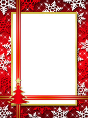 Red Christmas card with snow and a tree