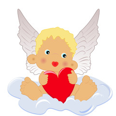 Angel with heart sitting on the cloud