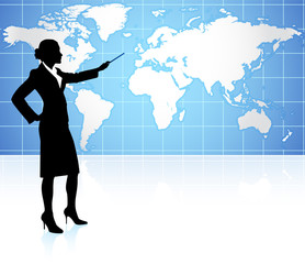 Businesswoman presenting World Map Background