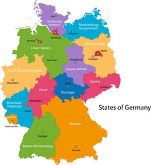 Colorful Germany map with regions and main cities