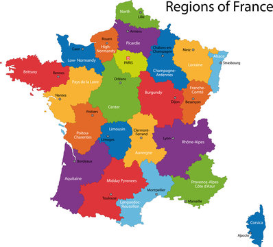Colorful France map with regions and main cities
