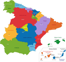 Colorful Spain map with regions and main cities