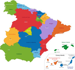 Obraz premium Kolorowa mapa Hiszpanii z regionami i głównymi miastami