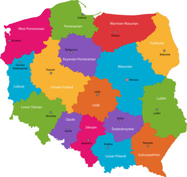 Vector color map of administrative divisions of Poland