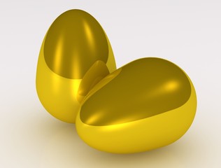 Two golden eggs on white background.
