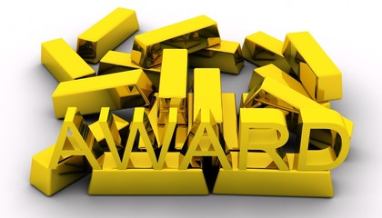 Gold bars and golden award text on white background.