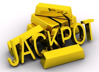 Gold bars and golden jackpot text on white background..