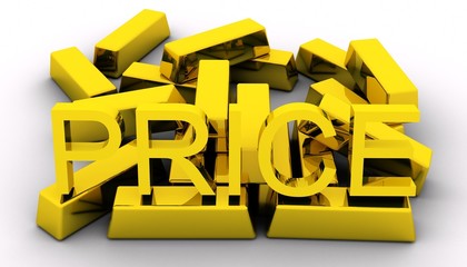 Gold bars and golden price text on white background..