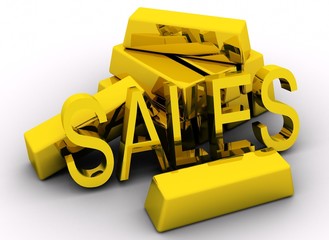Gold bars and golden sales text on white background..