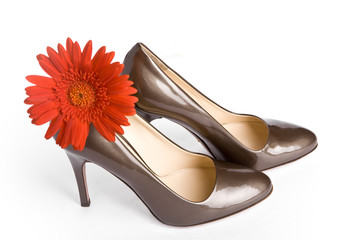 Beige-golden female new varnished shoes