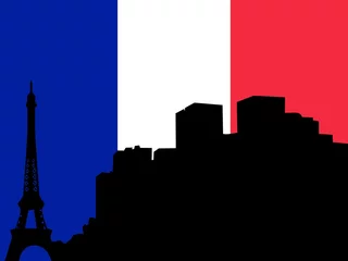 Stickers pour porte Doodle silhouette de Paris sur fond de drapeau France