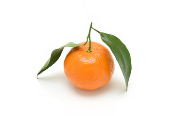 Close-up of an orange clementine with green leaves
