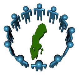 Circle of abstract people around Sweden map