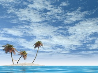 Fototapeta na wymiar small isolated island with palm trees and a hammock