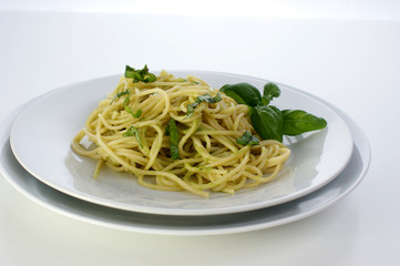 spaghetti with organic home made pesto on a plate