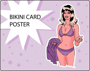 Bikini card, poster, retro design ad with beautiful woman