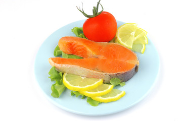 salmon steak on blue dish
