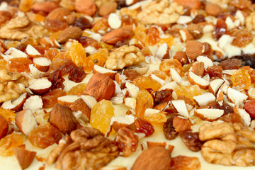Background from almonds, raisins and nuts
