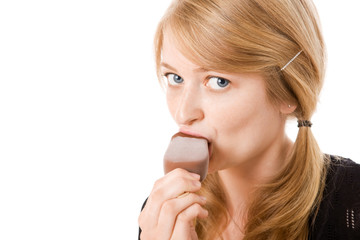 young blond  woman  eating ice-cream