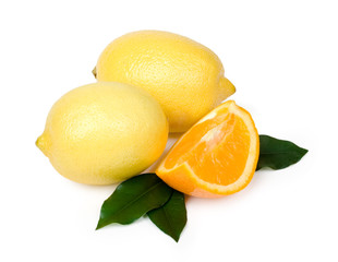 Fruits and sheet on white background