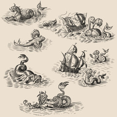Old engraving with monsters and boats