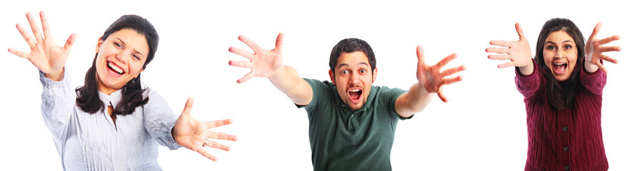 Three excited young people with hands extended isolated