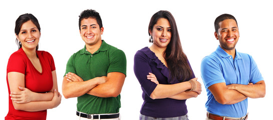 Smiling Small Group of Four in Different Color Shirts