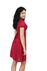 girl in red dress smiling isolated