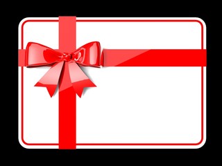 Blank gift tag tied with a bow of red ribbon.