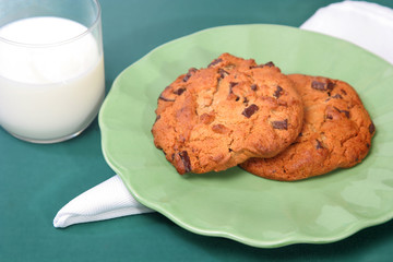 Two chocolate chip cookies and a glass of milk