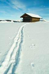 Spur im Schnee zur Hütte