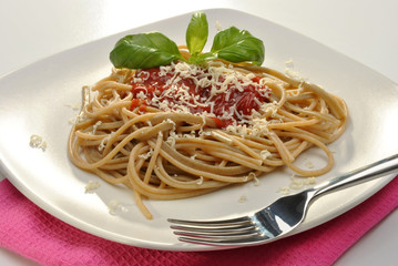 home made pasta with tomato sauce and basil