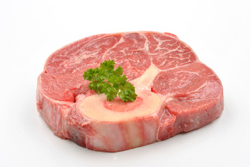 fresh organic beef shin steak and white background