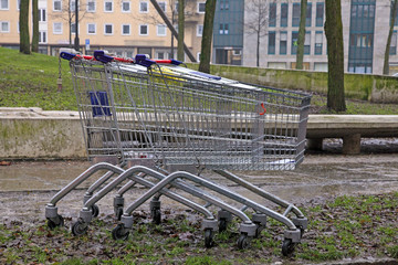 urban scene: caddies stolen from the supermarket