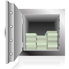 Opened steel safe filled with dollar notes packs